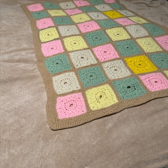 Vintage Blue Crochet Afghan Handmade Boho Chic Granny Squares 61” x 46”